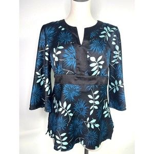 STYLE & CO Black Floral Print Tie-Back V- Neck Blouse Satin Career Size 14